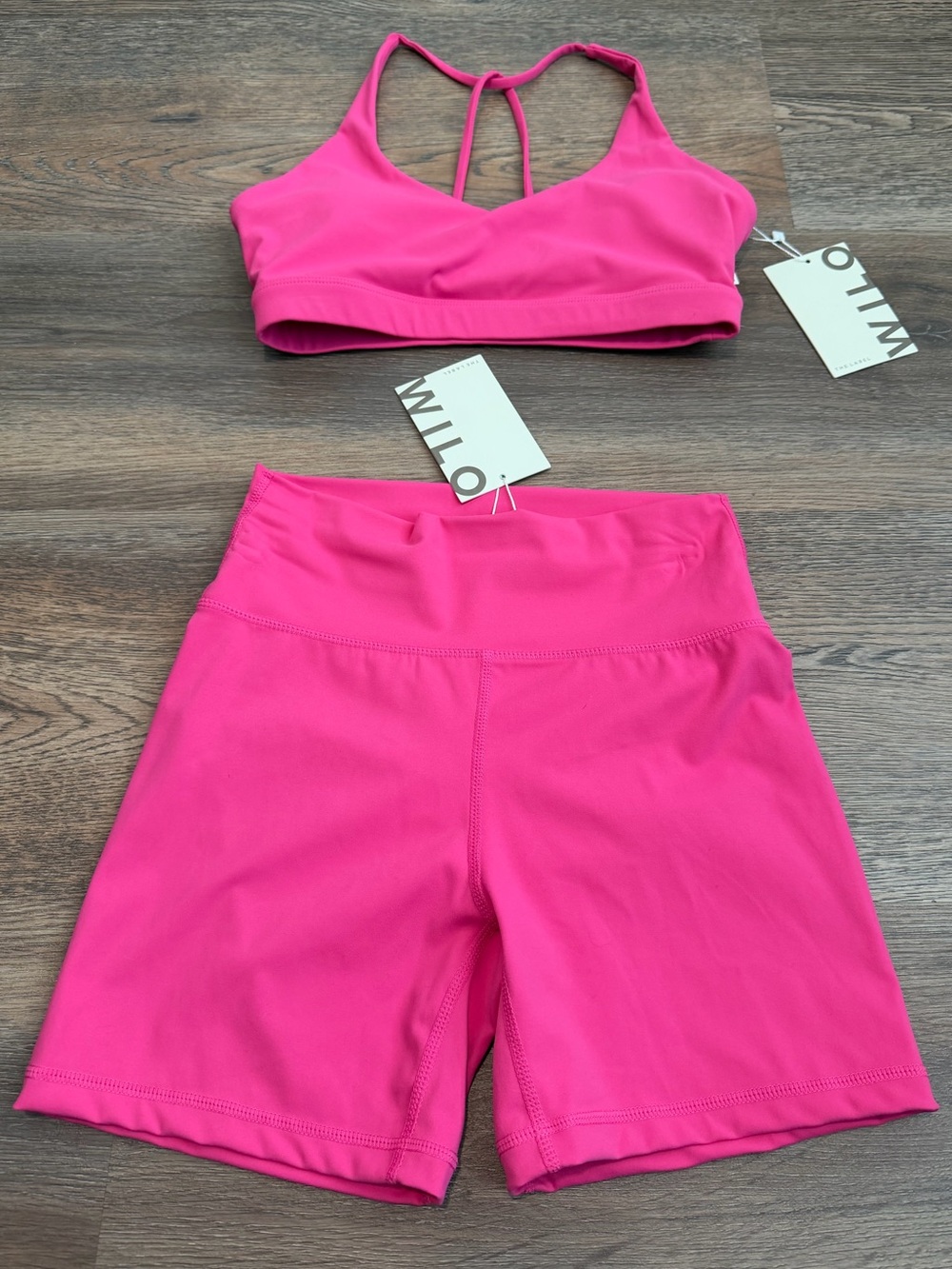 NWT Wilo The Label 2 Piece Bra Ruch Short Set Pink Size Small Strappy Yoga Set